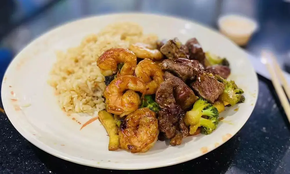 Tender beef and shrimp stir-fried with broccoli and served with rice at A J House, a Asian Restaurant in Clarkesville